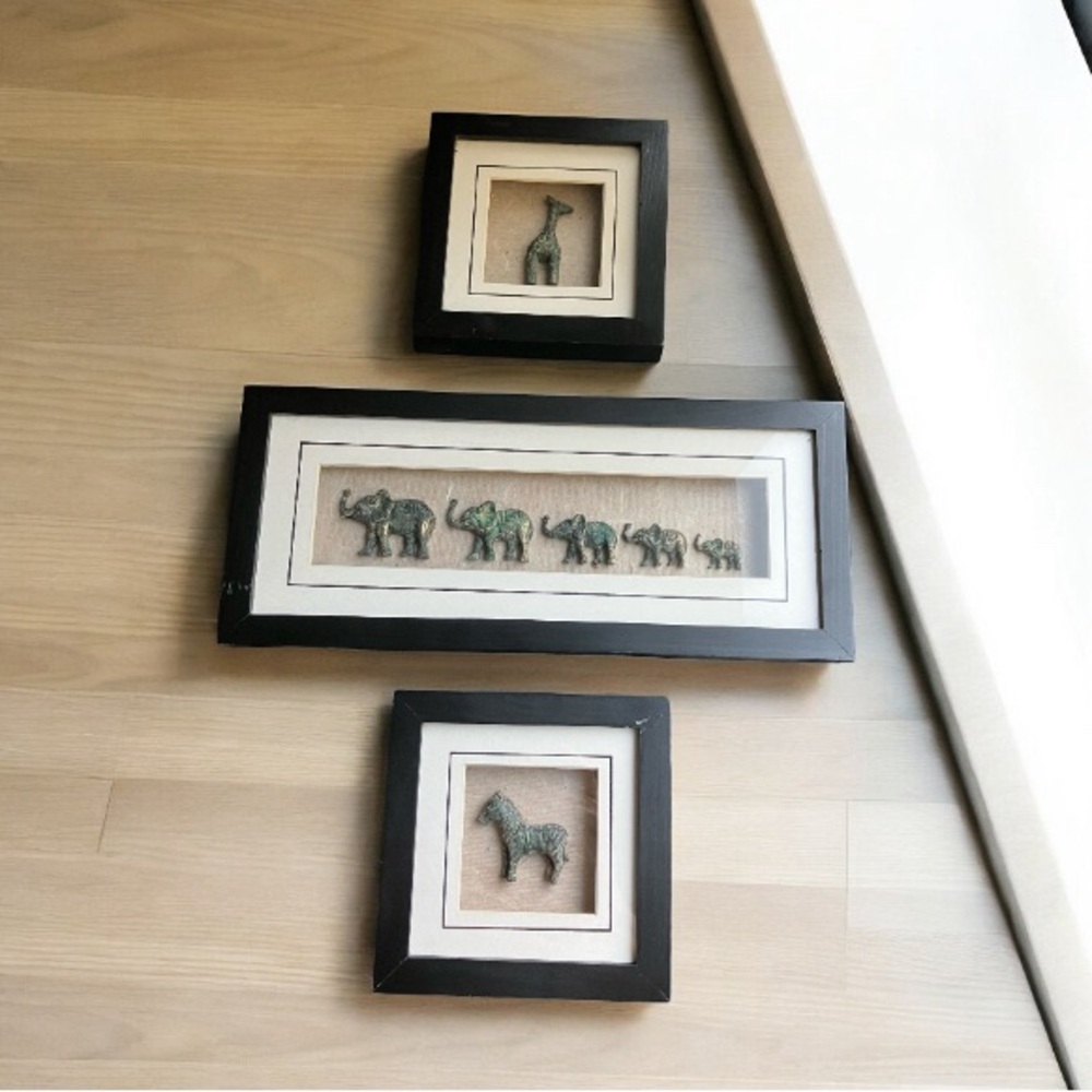 Set of 3 Shadow Box Pictures Giraffe Zebra Elephants Wood Carved 3D Black Frame